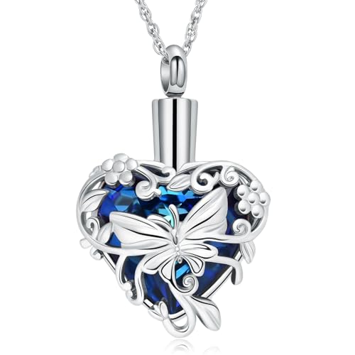 shajwo Butterfly Heart Urn Necklaces Cremation Jewelry for Ashes for Women Men Memorial Human Ashes Pendant - color: A Siver-Blue