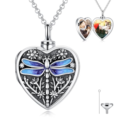 Personalized Heart Urn Locket Necklace for Ashes and Pictures 925 Sterling Silver Customized Locket Cremation Necklace for Ashes Memorial Keepsake Jewelry for Women - color: Dragonfly Urn Necklace, style: No Custom