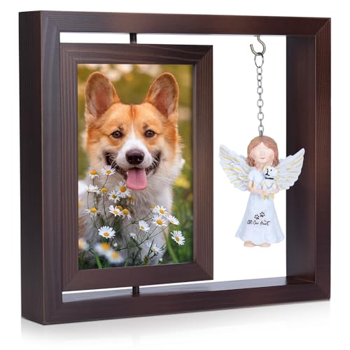 Rotating Wooden Picture Frame with Resin Angel for Loss of Dogs | Brown Loss of Dogs Cat Sympathy Gift, Holds 4x6 Photo, Pet Loss Remembrance Bereavement Keepsake, Dog Memorial Gifts - color: Brown