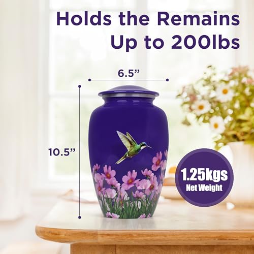 Cremation Urn for Human Ashes Adult Male Female – Large 200 lb Capacity Hummingbird Funeral Urn by ITEMANDCO, Handcrafted Aluminum Memorial Burial Urn, Purple - color: Purple