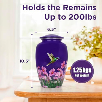 Cremation Urn for Human Ashes Adult Male Female – Large 200 lb Capacity Hummingbird Funeral Urn by ITEMANDCO, Handcrafted Aluminum Memorial Burial Urn, Purple - color: Purple