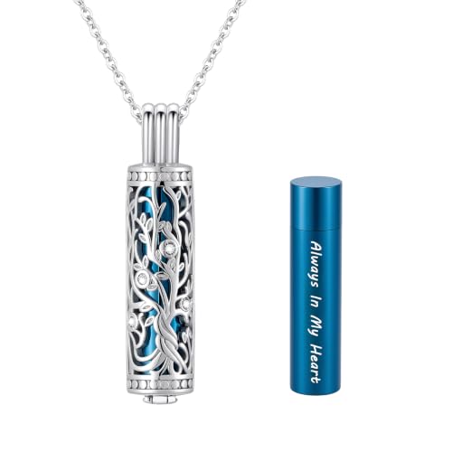 Cylinder Tree of Life Urn Necklace for Ashes Cremation Jewelry Vial Pendant for Women Men Memorial Keepsake for Loved Ones - Always In My Heart - color: Silver-Blue-Always In My Heart