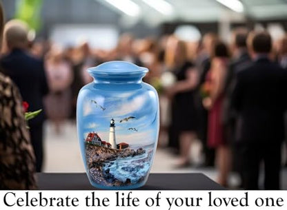 Lighthouse Urn - Full Size Portland Head Lighthouse Cremation Urn – Adult Urns for Men and Women – Ocean Blue Funeral and Memorial Urns for Human Ashes Upto 210 Lbs with Velvet Bag (Large)