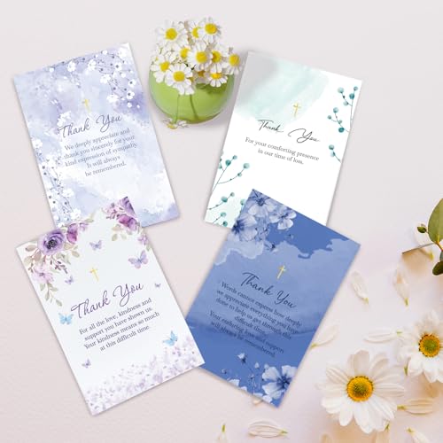 Funeral Thank You Cards, 24 Pack, Watercolor Floral with Gold Cross, 4x6 in | 300g card stock, no bleed-through, 24 cards with envelopes and stickers, pre-printed messages, for Memorial Service Gratitude