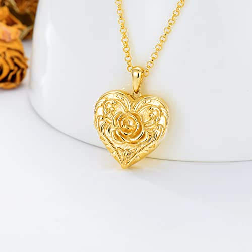 SOULMEET Sunflower/Rose/Daisy Heart Locket Necklace That Holds Pictures Keep Someone Near to You Sterling Silver/Gold Personalized Photo Locket Gift - style: A2-Solid gold rose locket+photo+text
