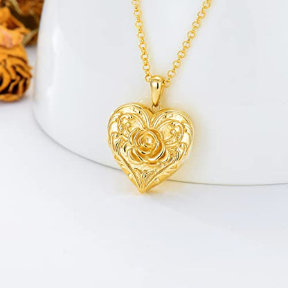 SOULMEET Sunflower/Rose/Daisy Heart Locket Necklace That Holds Pictures Keep Someone Near to You Sterling Silver/Gold Personalized Photo Locket Gift - style: A2-Solid gold rose locket+photo+text