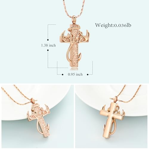 Imrsanl Cross Urn Necklace for Ashes for Women Men | Cremation Jewelry, Fish Hook Deer Antler Design Memorial Pendant, Human Pets Ashes Holder Keepsake - color: Rose Gold