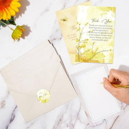 Funeral Thank You Cards, 24 Pack, Watercolor Floral with Gold Cross, 4x6 in | 300g card stock, no bleed-through, 24 cards with envelopes and stickers, pre-printed messages, for Memorial Service Gratitude