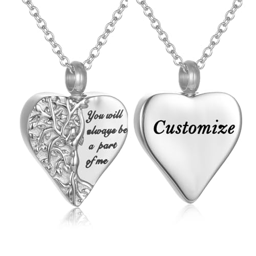 Tree Of Life Urn Necklace For Ashes For Women Girls Mom Stainless Steel Heart Cremation Jewelry For Ashes Of Loved Ones Keepsake Memorial Pendant - color: Customize
