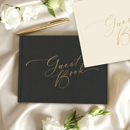 Black Wedding Guest Book — Gold-Foiled Blank Guest Book for Wedding Reception, Funeral Guest & Baby Shower to Sign in — Linen Photo & Polaroid Guest Book, Elegant Guestbook - color: Black, size: No Date
