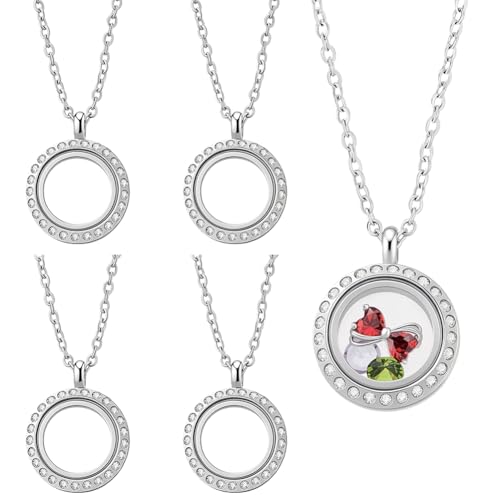 8Pcs 4 Sets 20mm Stainless Steel Small Locket Necklace Floating Round Locket Pendant Silver Round Charms Kit Living Memory Photo Keepsake Necklace for Women Nostalgic Jewelry Making Supply - style: 20mm silver rhinestone
