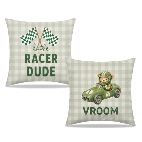 Dibor Green Gingham Race Car Bear Nursery Throw Pillow Cover 18x18 Set of 2 - color: Little Race