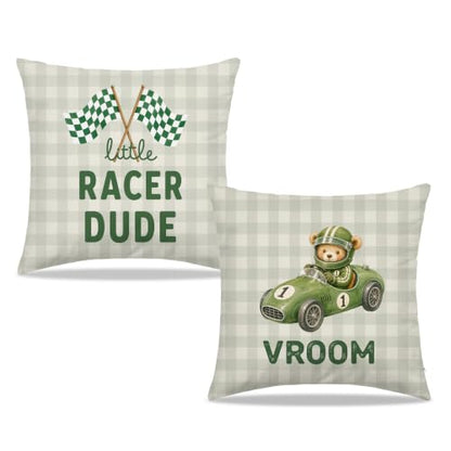 Dibor Green Gingham Race Car Bear Nursery Throw Pillow Cover 18x18 Set of 2 - color: Little Race