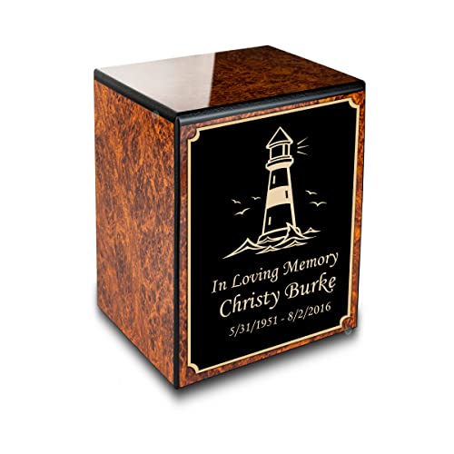 GetUrns Custom Lighthouse Small Urn Box for Human Ashes I Personalized Wooden Keepsake Cremation Urn for Male or Female I Burl Wood Memorial Box I 40lbs - color: Lighthouse