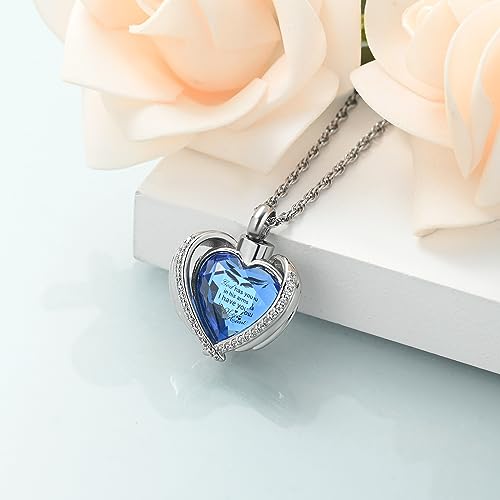 shajwo Angel Wing Heart Urn Ashes Necklace for Women Men | Cremation Jewelry,Birthstone Necklace of Loved One,Memorial Pendant for Human Pet - color: Silver-Blue