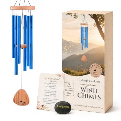 Blue Wind Chimes for Outside Deep Tone, 29 Inch Hand Tuned B Major Pentatonic Soprano Wind Chime with Decorative Kindness Stone, Outdoor Garden Patio Porch Decor, Meaningful Sympathy Memorial Gift - size: 29"