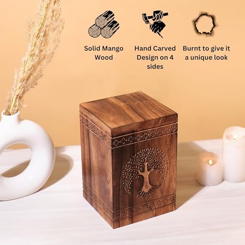Hashcart Tree of Life Wooden Cremation Urn, Human Ashes 250 Lbs | Solid Wood, Handcarved, Adult Male Female, Mom Dad, Sympathy Gift, Burial Display