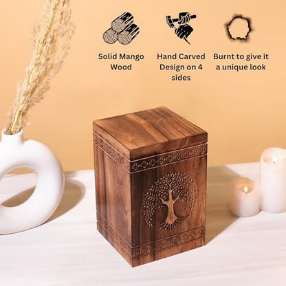 Hashcart Tree of Life Wooden Cremation Urn, Human Ashes 250 Lbs | Solid Wood, Handcarved, Adult Male Female, Mom Dad, Sympathy Gift, Burial Display