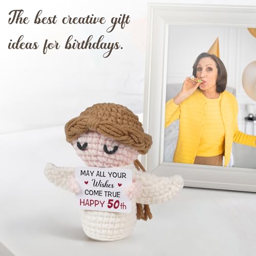 50th Birthday Gifts for Women Men, 1976 50th Birthday Decorations, Funny 50 Years Old Gifts for Family Friends Colleagues - Handmade Positive Angel Crochet Doll - style: 50th Birthday Gifts