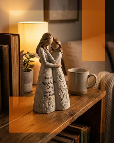 iStatue Best Gift for Mom from Daughter, Hand-Painted Mother and Daughter Figurine - Happy Mother’s Day Forever in My Heart Resin Statue Heartwarming Birthday Gift, Home Decor (Beige)