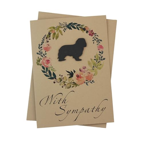 Cavalier King Charles Spaniel Floral Wreath Sympathy Card | Handmade 5x7 Pet Condolences Greeting | Dog Silhouette Kraft Brown Base Card - color: Kraft Brown, style: Cavalier King Charles Spaniel