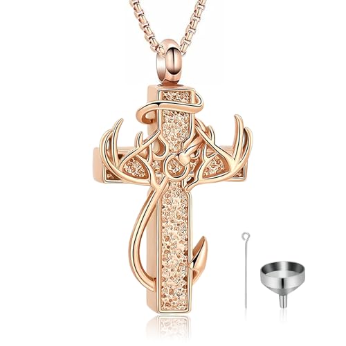 Cross Urn Necklace for Ashes Deer Antler Hook Cremation Jewelry Fishhook Memorial Keepsake Urn Pendant Ashes Holder for Women Men