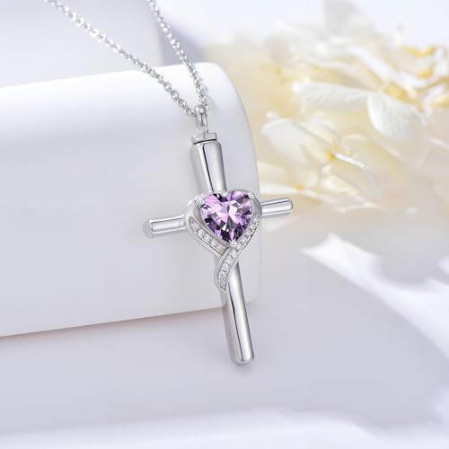 TOUPOP Cross Urn Necklaces for Ashes Birthstone Cremation Jewelry 925 Sterling Silver Cross Memorial Keepsake Funeral Jewelry for Women (with Funnel Filler) - color: 02-February-Amethyst