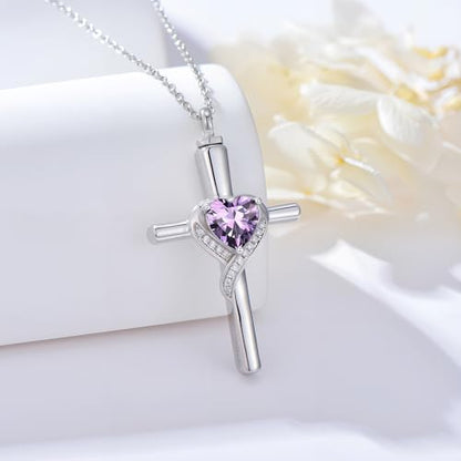 TOUPOP Cross Urn Necklaces for Ashes Birthstone Cremation Jewelry 925 Sterling Silver Cross Memorial Keepsake Funeral Jewelry for Women (with Funnel Filler) - color: 02-February-Amethyst