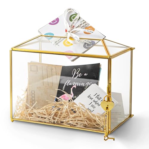 Small 10.2" x 6" x 8" Glass Cards Box with Slot and Lock for Wedding Reception - Home Birthdays Party Geometric Decorative, Gold - Slot Length 6.3 Inches (Glass Box Only) - color: A-Small Gold Card Box 10.2''