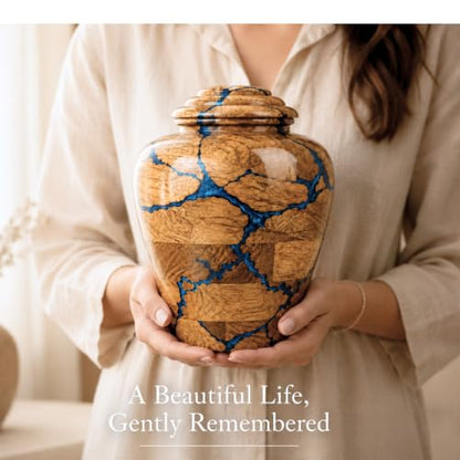 Wooden Cremation Urn for Human Ashes Adult Male Urn for Ashes for Women and Man, Adult Size Decorative urn. Burial and Funeral Urn Large 200 Cu in Resin Inlay. - size: Large 200 Cu In Blue Fractal