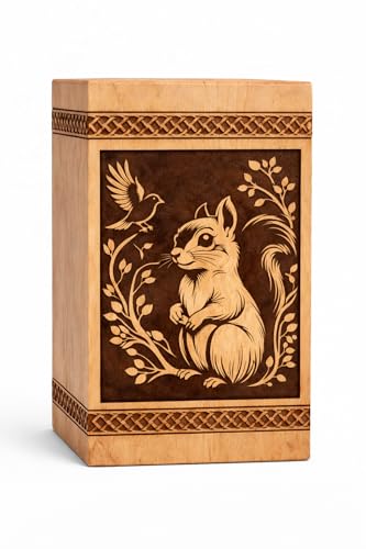 Handcrafted Wooden Urn Box with Squirrel & Bird Engraving – Decorative Memorial Keepsake[Available urn Box in 5 Different Sizes] (((Full Size 14X7.5 600 Cubic INCHES)))