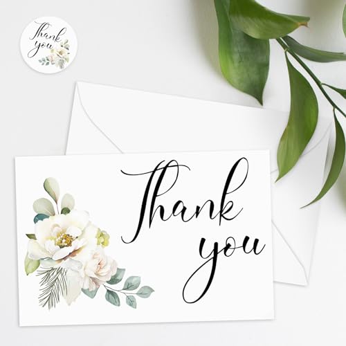 Whaline 48Pcs Funeral Thank You Cards White Floral Sympathy Thank You Card with Stickers Envelope Bereavement Note with Message for Memorial Service Loved Ones Celebration of Life