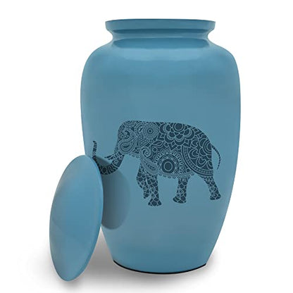 Indian Elephant Cremation Urn for Human Ashes - Handmade Cremation Urn - Adult Burial Urn - Blue Urn with Spiritual Design - Comes with Bag - color: Indian Elephant, size: 1 Large Urn