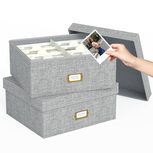 Decorative Photo Storage Box, 2 Pack Linen Photo Box Hold 1700 4x6 Pictures | Photo Storage Containers with 8 Dividers, Memory Keepsake Organizer for Photos, Scrapbook Supplies, Cards, Stamps, Grey - color: Grey, size: 4x6 (2 Pack)