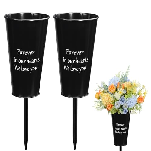 Metal Cemetery Vases, 2Pcs Grave Memorial Vases with Stakes Graveside Flower Holder for Grave Outdoor Lawn Yard Funeral Decorations (Black) - color: Black