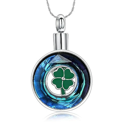 constantlife Cremation Jewelry Memorial Urn Necklace for Ashes Lucky Four-Leaf Clover Design Stainless Steel Pendant Keepsake - color: Z-Blue Crystal