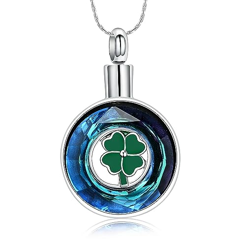 constantlife Cremation Jewelry Memorial Urn Necklace for Ashes Lucky Four-Leaf Clover Design Stainless Steel Pendant Keepsake - color: Z-Blue Crystal