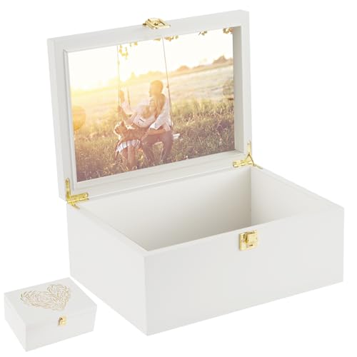 Larger Wooden Memory Keepsake Boxes With Hinged Lids and a photo frame inside the lid - Decorative Storage Box With a Hinge Lids For Picture Letter Time Capsule - 5.3“*8.6”*11.7“ off-white - color: White