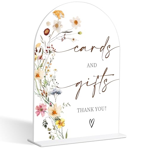 Cards and Gifts Sign, Flower Style Gift Table Sign for Wedding Reception, Bridal Shower and Engagement, Centerpiece Party Decorations, Wedding Shower Favors, 6X8 Inch Acrylic Arch Sign with Stand,14 - color: Cards and,14