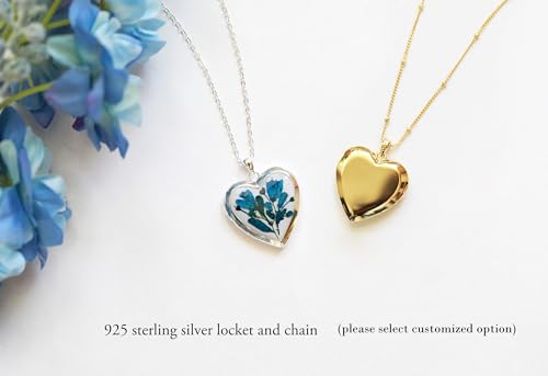 Handmade Dried Pressed Flower Heart Shaped Photo Locket Pendant Necklace - color: Silver, style: Customized pattern with photo