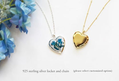 Handmade Dried Pressed Flower Heart Shaped Photo Locket Pendant Necklace - color: Silver, style: Customized pattern with photo