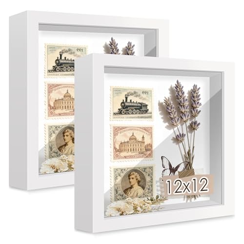12x12 White Wooden Shadow Box Frame, Tempered Glass, 2 Pack | Black Backboard, Tabletop & Vertical/Horizontal Wall Display, Memorabilia Display, Wedding/Baby Keepsakes & Crafts - color: White, size: 12x12-2P