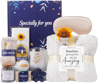Birthday Gifts Baskets for Women,Sympathy,Sending Sunshine Get Well Soon,Self Care Relaxing Package,After Surgery,11pcs Spa Set,Luxury Gifts for Women Mom Her Wife Friends w/Blanket Cozy Socks