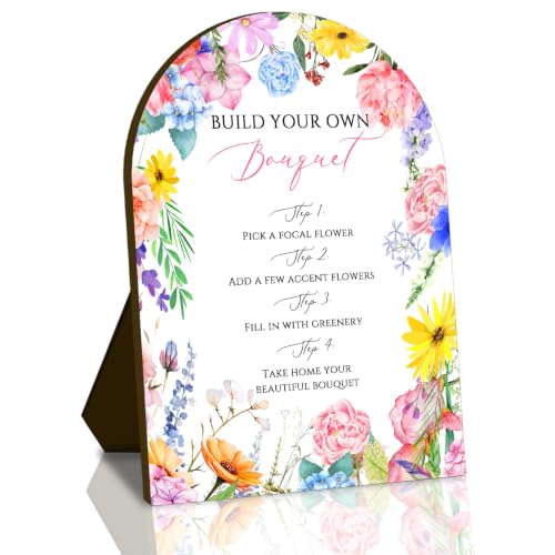 Flower Bloom Bar, Build Your Own Bouquet 7x10 Inches Wooden Wildflower Sign for Reception, Wedding Bridal Baby Shower Graduation Birthday Party Table Decorations - color: floral