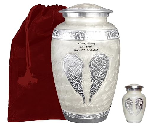 White Angel Wings Funeral Cremation Urn with Matching Keepsake, Velvet Bag and Personalization (Pearl White, Large) - color: Pearl White, size: Large