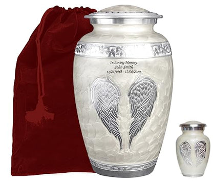 White Angel Wings Funeral Cremation Urn with Matching Keepsake, Velvet Bag and Personalization (Pearl White, Large) - color: Pearl White, size: Large