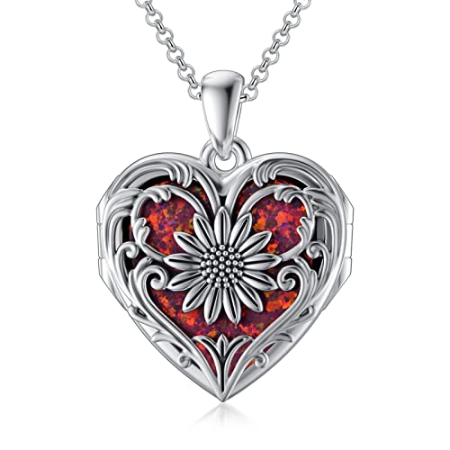 SOULMEET Personalized Silver Locket Necklace That Holds Pictures Photo Keep Someone Near to You, Memorial Custom Lockets Necklaces Letters Engraving for His Her - color: A8-Red opal sunflower-Black, style: Locket Necklace Only