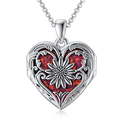 SOULMEET Personalized Silver Locket Necklace That Holds Pictures Photo Keep Someone Near to You, Memorial Custom Lockets Necklaces Letters Engraving for His Her - color: A8-Red opal sunflower-Black, style: Locket Necklace Only