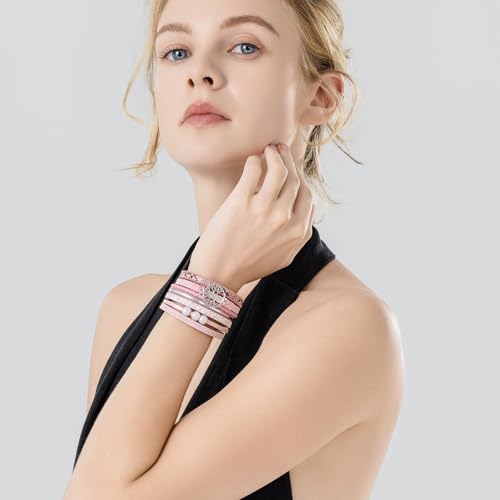 Tree of Life Inspirational Leather Wrap Bracelets Boho Western Cowgirl Cuff - color: Pink