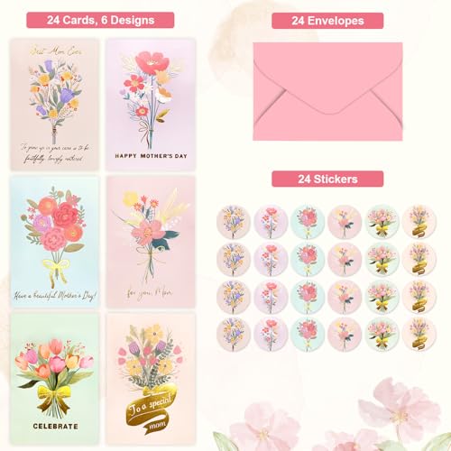 24 Pcs Happy Mother's Day Greeting Cards Floral Blank Note Cards Gold Foil With Pink Envelopes Mother's Day Present Gift Box Assorted Party Celebration Cards For Mom, Mother-in-Law, Stepmom, Grandma, Aunt, Godmother-4X6 in